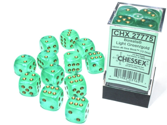Dice: 12x D6: 16 mm: Borealis: Light Green/Gold Luminary