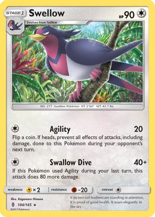 Swellow  - Reverse Holofoil SM  Guardians Rising - Rare