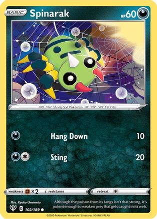 Spinarak 102  - Reverse Holofoil SWSH03 Darkness Ablaze - Common