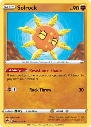 Solrock 092  - Reverse Holofoil SWSH03 Darkness Ablaze - Uncommon