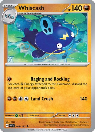 Whiscash 109  - Reverse Holofoil SV03 Obsidian Flames - Uncommon