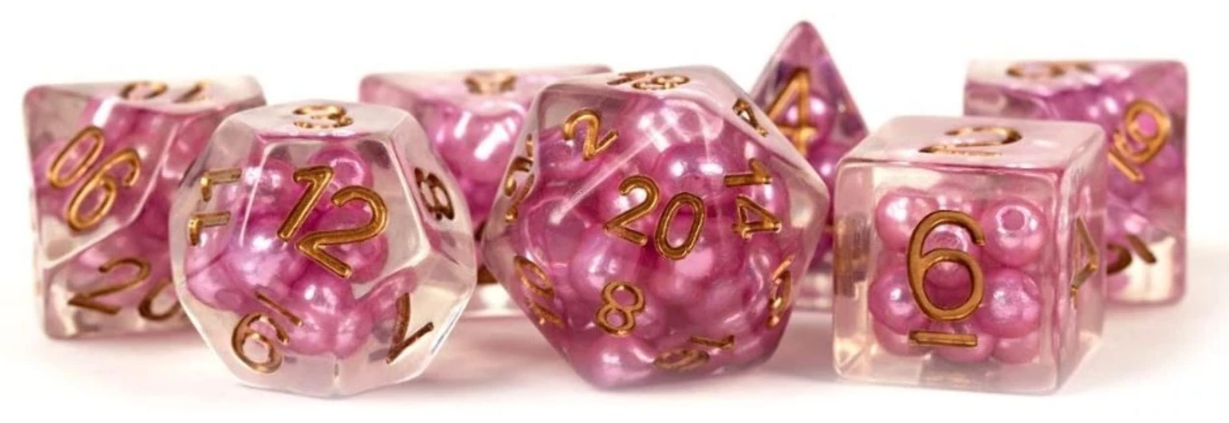 Dice: 7 pc: 16 mm: Resin: Pearl Pink with Copper Numbers