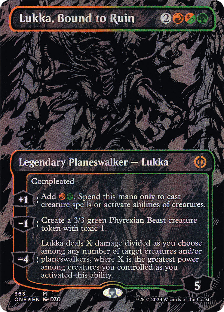 Lukka, Bound to Ruin (Oil Slick Raised Foil) (ONE-363) - Phyrexia: All Will Be One (Borderless) Foil