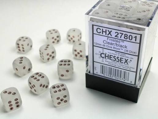 Dice: 36x D6: 12 mm: Frosted: Clear/Black