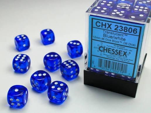 Dice: 36x D6: 12 mm: Translucent: Blue/White