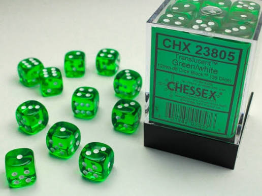 Dice: 36x D6: 12 mm: Translucent: Green/White