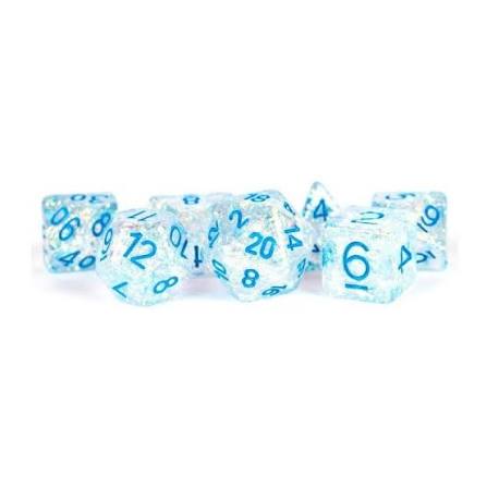 Dice: 7 pc: 16 mm: Resin: Flash Clear with Light Blue Numbers