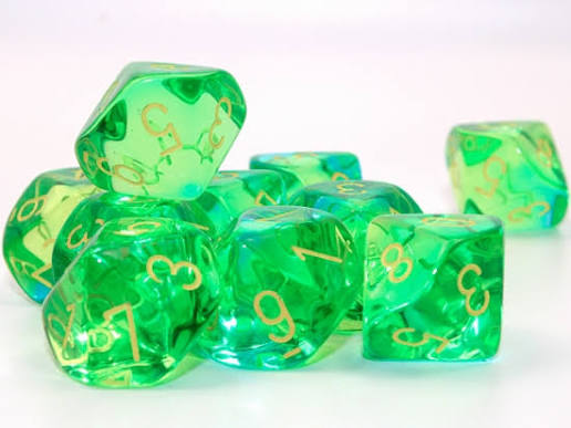 Dice: 10x D10: Gemini: Translucent Green-Teal/Yellow