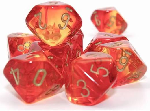 Dice: 10x D10: Gemini: Translucent Red-Yellow/Gold