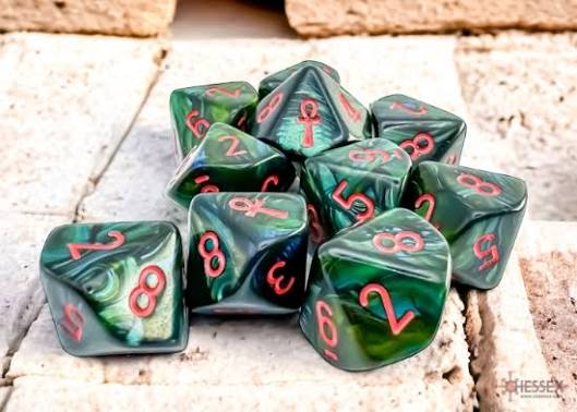 Dice: 10x D10: Scarab: Ankh Jade/Red