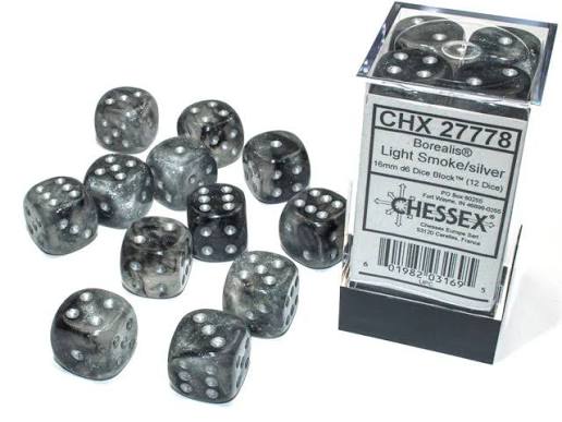 Dice: 12x D6: 16 mm: Borealis: Light Smoke/Silver Luminary