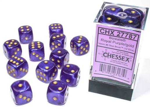 Dice: 12x D6: 16 mm: Borealis: Royal Purple/Gold Luminary