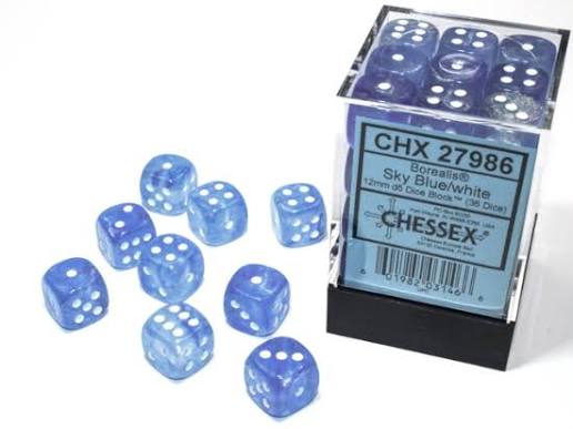 Dice: 12x D6: 16 mm: Borealis: Sky Blue/White Luminary