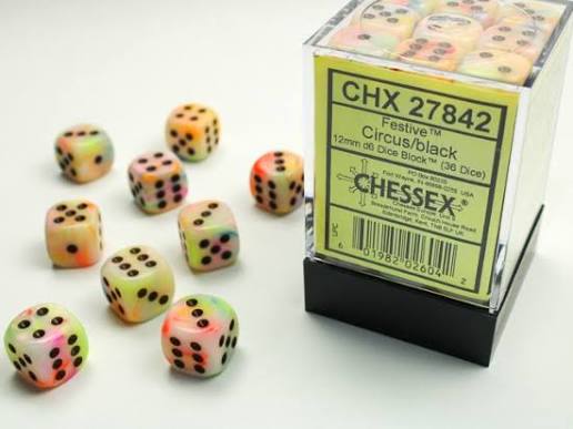 Dice: 12x D6: 16 mm: Festive: Circus/Black