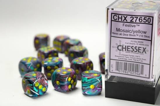 Dice: 12x D6: 16 mm: Festive: Mosaic/Yellow