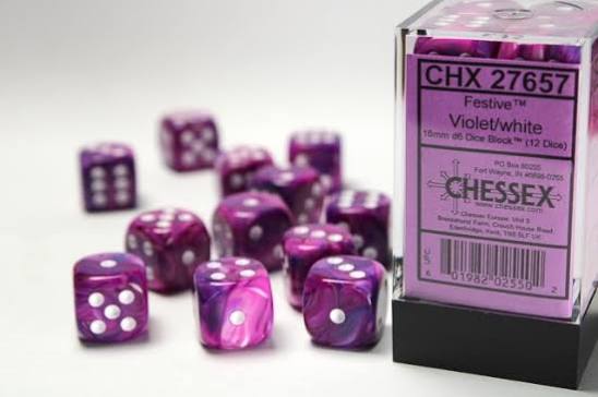 Dice: 12x D6: 16 mm: Festive: Violet/White