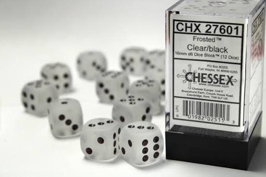 Dice: 12x D6: 16 mm: Frosted: Clear/Black
