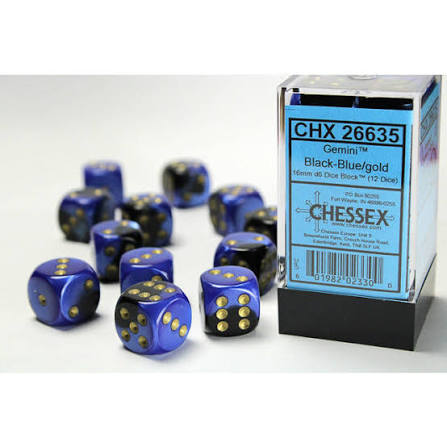 Dice: 12x D6: 16 mm: Gemini: Black-Blue/Gold