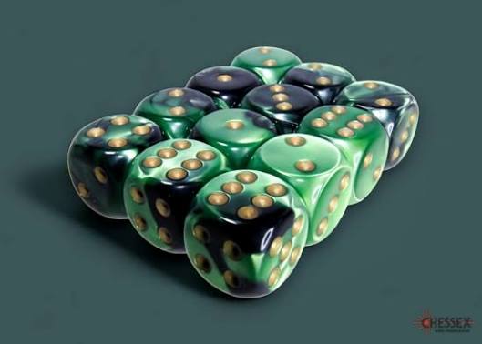 Dice: 12x D6: 16 mm: Gemini: Black-Green/Gold