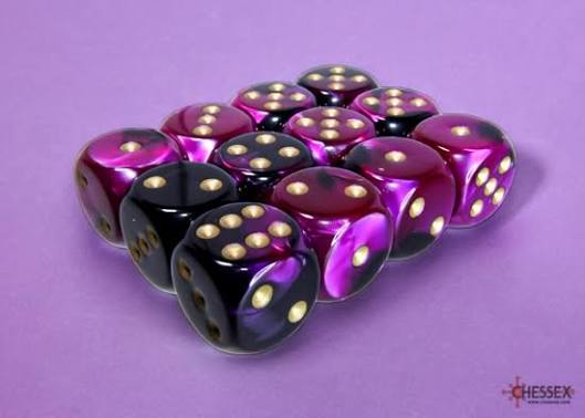 Dice: 12x D6: 16 mm: Gemini: Black-Purple/Gold