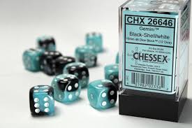 Dice: 12x D6: 16 mm: Gemini: Black-Shell/White