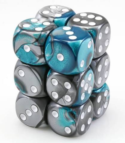 Dice: 12x D6: 16 mm: Gemini: Steel-Teal/White