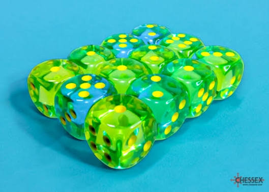 Dice: 12x D6: 16 mm: Gemini: Translucent Green-Teal/Yellow