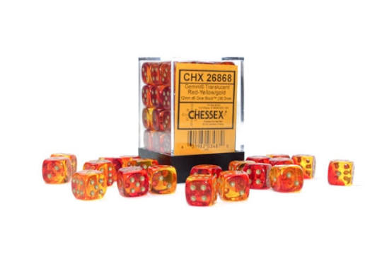 Dice: 12x D6: 16 mm: Gemini: Translucent Red-Yellow/Gold
