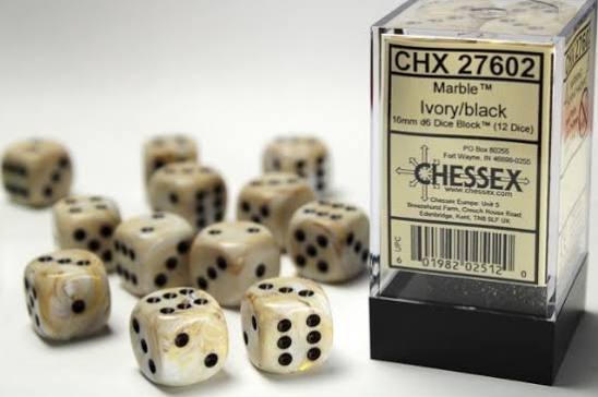 Dice: 12x D6: 16 mm: Marble: Ivory/Black