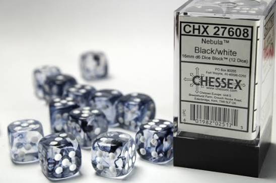 Dice: 12x D6: 16 mm: Nebula: Black/White